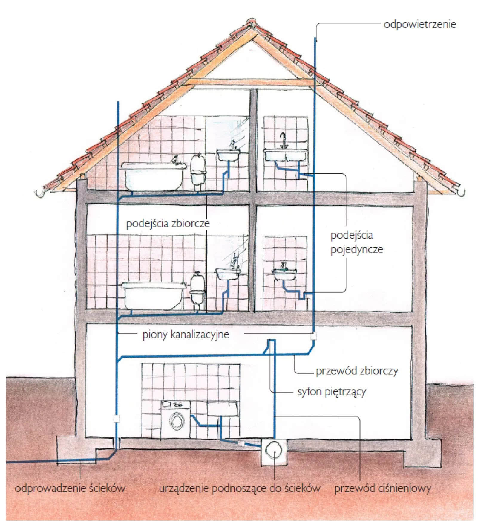 Poglądowy schemat rozprowadzenia instalacji kanalizacji w budynku piętrowym. rys. Pipelife Polska Poglądowy schemat rozprowadzenia instalacji kanalizacji w budynku piętrowym. rys. Pipelife Polska