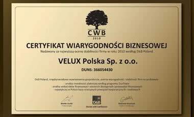 Certyfikat Wiarygodności Biznesowej dla firmy Velux